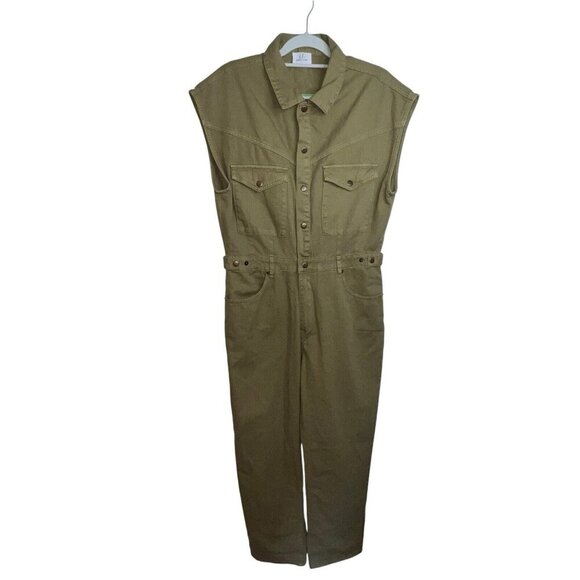 BOBBLES AND LACE WOMEN TAN DENIM JUMPSUIT SLEEVELESS WOMEN‎ LARGE SNAP POCKETS - Picture 2 of 13